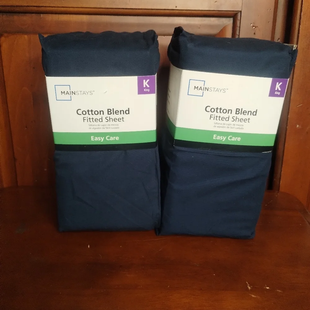 2 New Mainstays Navy Cotton Blend King Size Fitted Sheet
